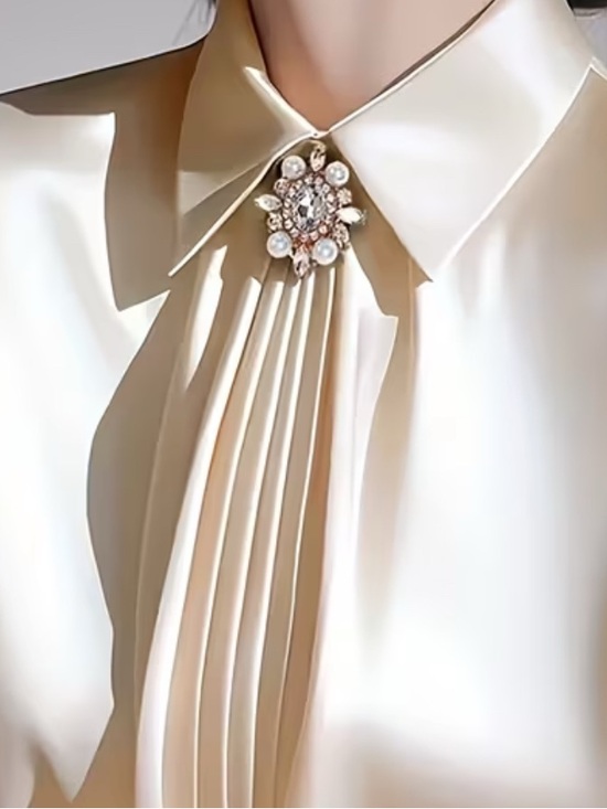 Elegant Satin Pleated Collar Blouse - Light Gold - Picture 5 of 5